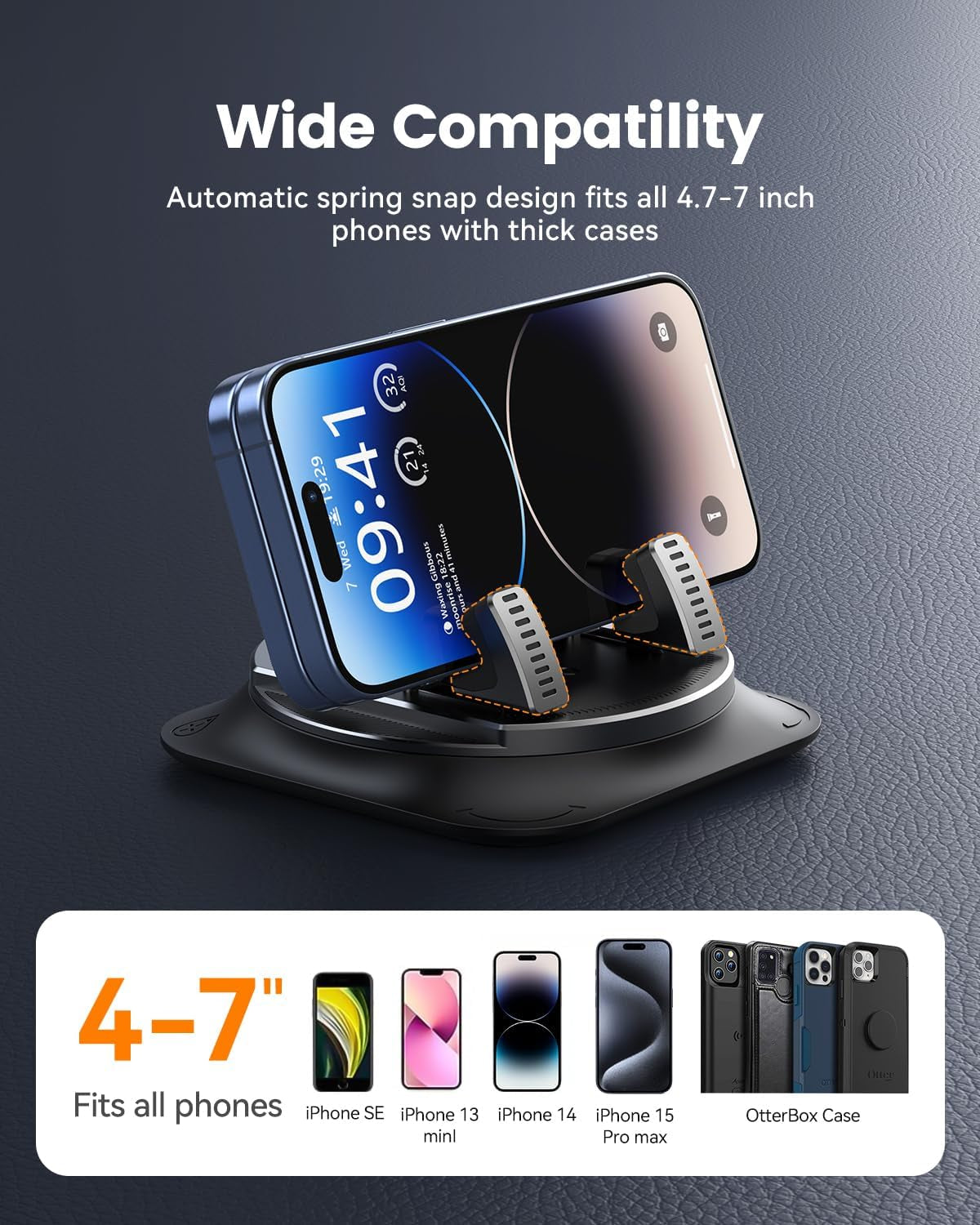 360 Degree Rotation Dashboard Phone Holder for Car, Anti-Slip Grips & One-Hand Operation Car Cell Phone Mount with Adjustable Spring Clip, Compatible with Iphone Samsung All Smartphones