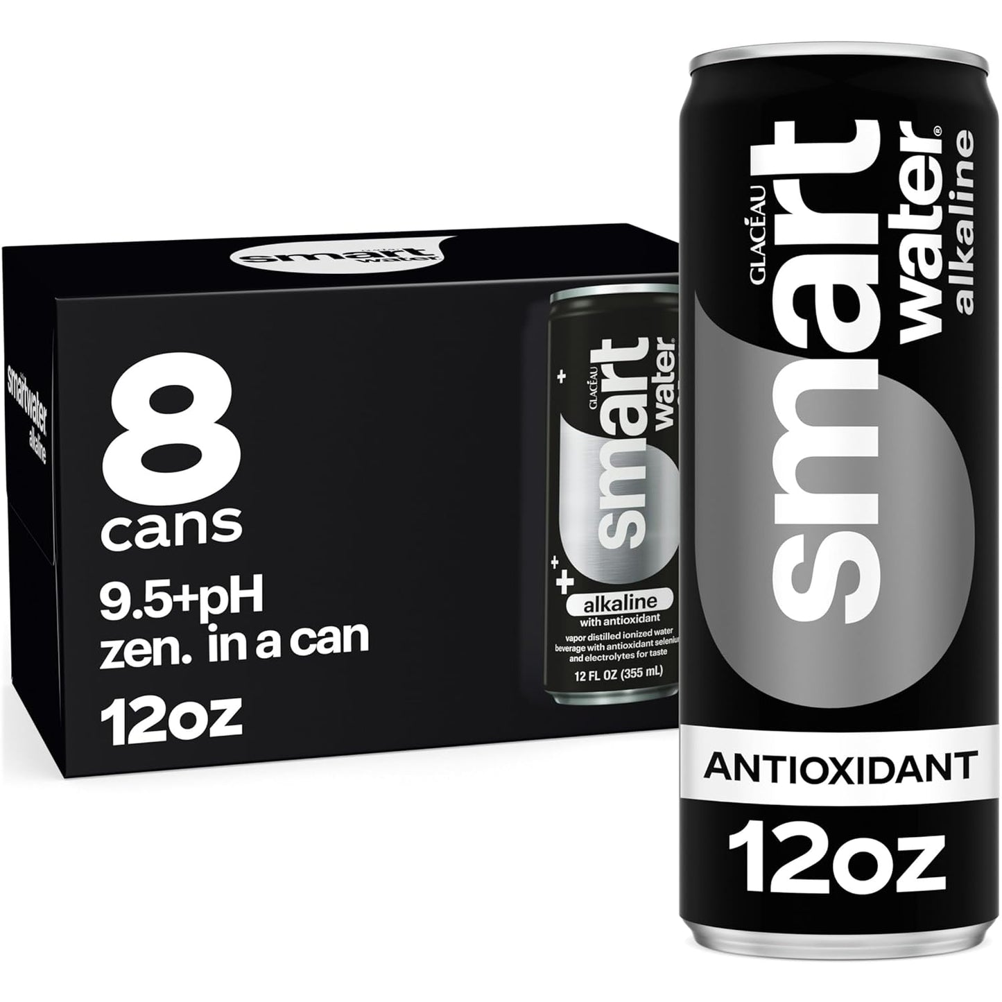 Smartwater Premium Canned Alkaline Water with Antioxidants, 12 Fl. Oz. Sleek Cans, 8-Pack