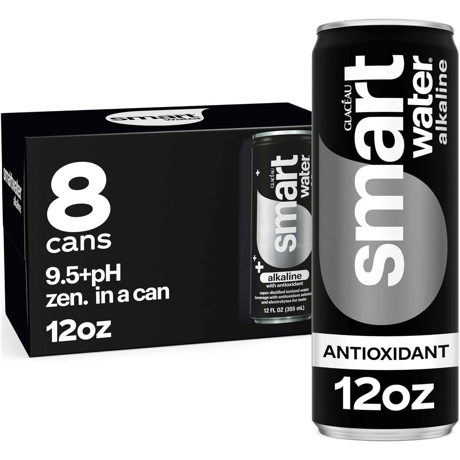Smartwater Premium Canned Alkaline Water with Antioxidants, 12 Fl. Oz. Sleek Cans, 8-Pack