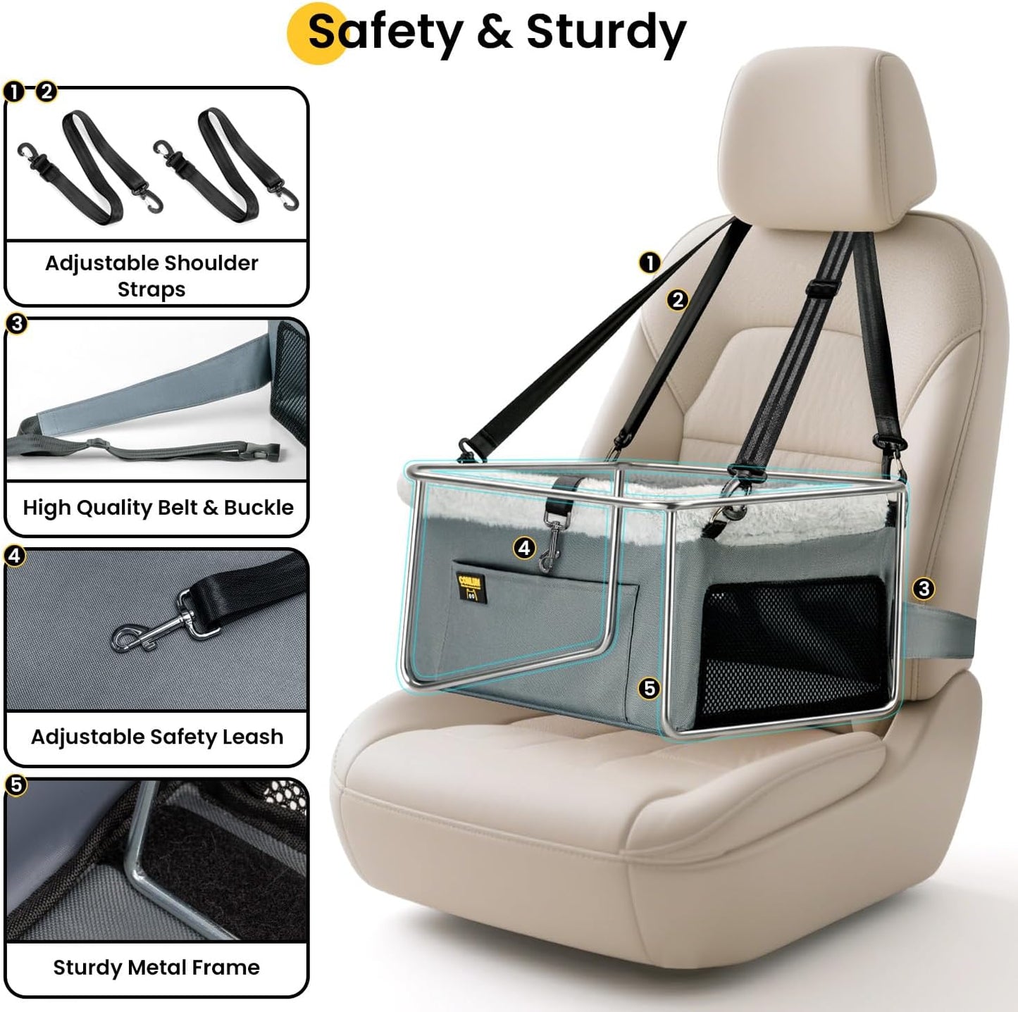 Dog Car Seat Booster for Small Pet under 20Lbs, Portable Travel Puppy Car Seat with Internal Steel Frame, Comfort Cushion & Storage Pockets, Adjustable Straps Fit Most Cars, Grey