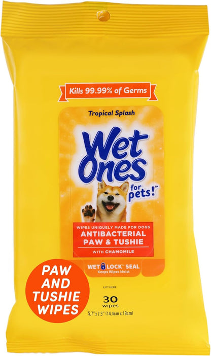 for Pets Paw and Tushie Dog Wipes with Chamomile, Tropical Splash Scent - Cleansing Grooming Wipes for Dog Paws and Butt between Baths, Wet Lock Seal, 30 Count
