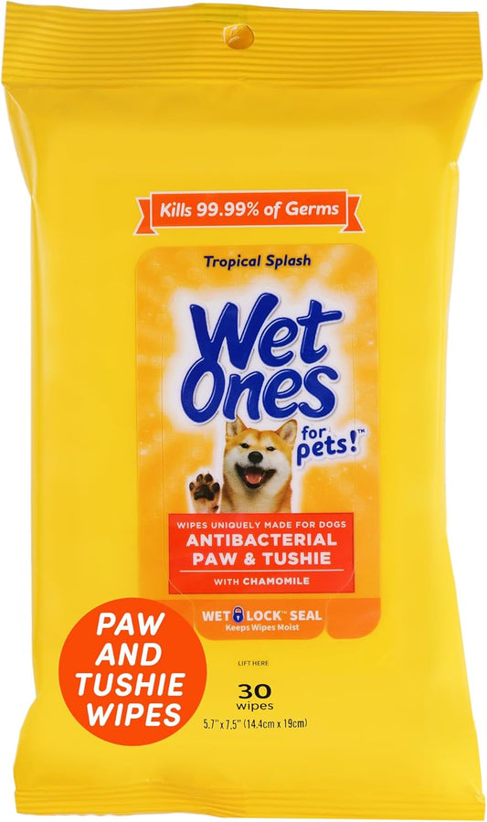 for Pets Paw and Tushie Dog Wipes with Chamomile, Tropical Splash Scent - Cleansing Grooming Wipes for Dog Paws and Butt between Baths, Wet Lock Seal, 30 Count