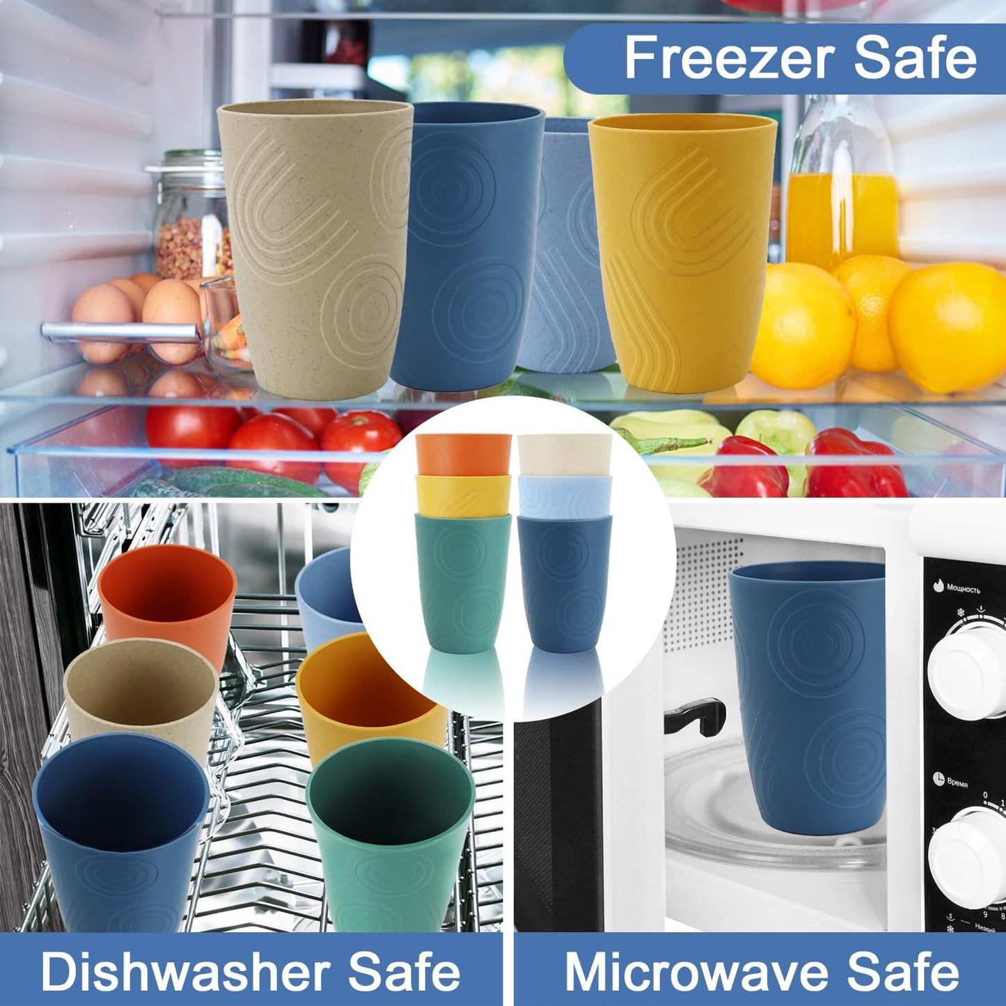 Wheat Straw Cups 16 OZ, Plastic Drinking Glasses, Drinking Cup, Unbreakable Kitchen Cups Sets of 6, Microwave & Dishwasher Safe Water Glasses, Reusable Plastic Cup for Party (Multicolor)
