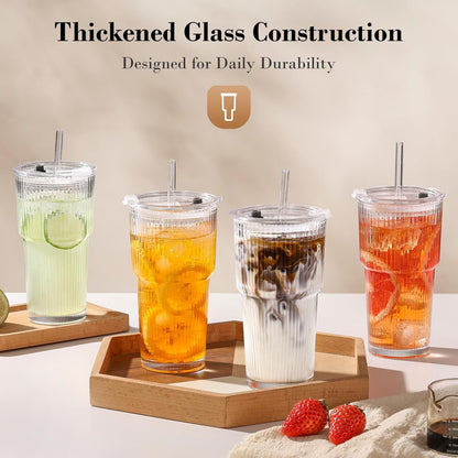20Oz Glass Tumblers with Straws and Lids, Ribbed Iced Coffee Cups Leak-Proof, Dishwasher Safe, Thickened Glass Cups with Lids Ideal for Coffee and Travel, Clear, 4 Pack