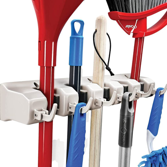 Broom and Mop Holder Wall Mount – Heavy Duty Garage Organizer with 5 Slots & 6 Hooks, 7.5Lbs Capacity per Slot - Easy Install Storage Rack for Home, Kitchen, Laundry Room & Garden - Off-White