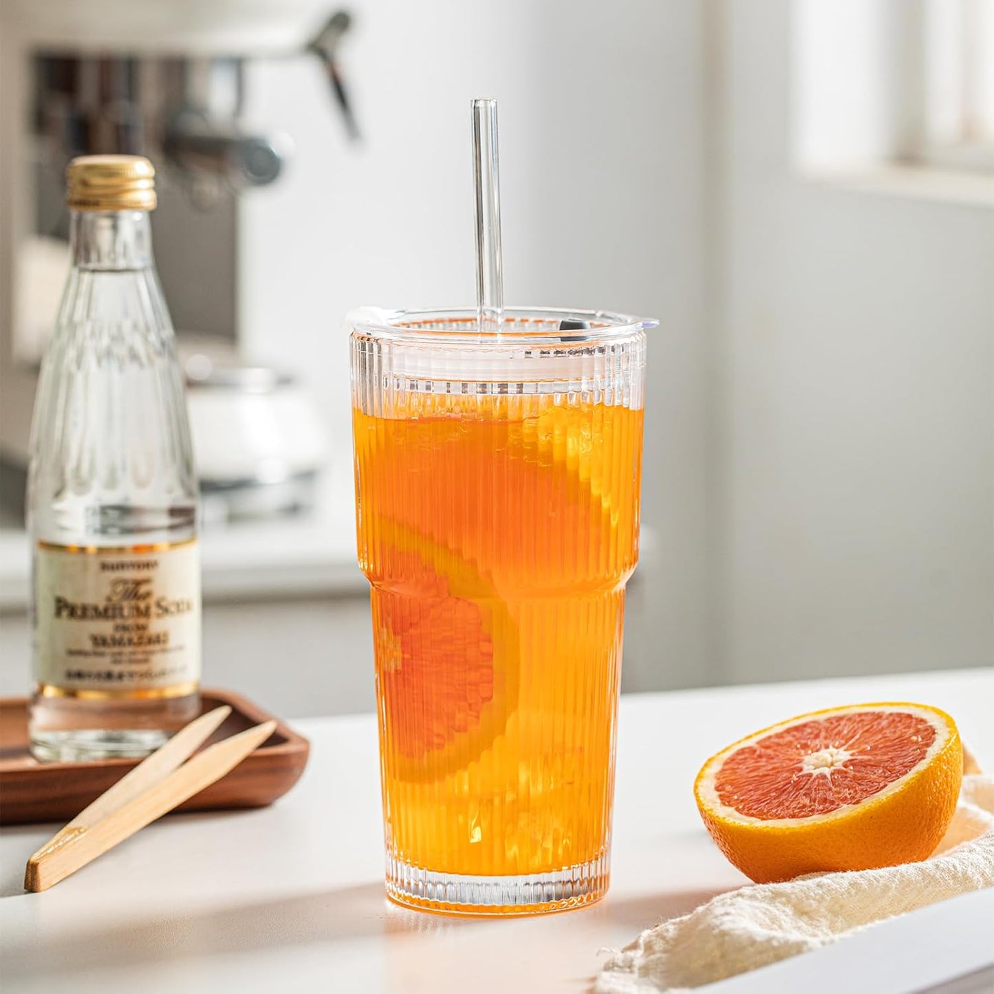 20 Oz Ribbed Glass Tumblers with Lids and Glass Straws – 4-Piece Glassware Set, Thickened Wall, Ideal for Iced Coffee, Smoothies, Cocktails, and Juices – Elegant and Durable Drinkware