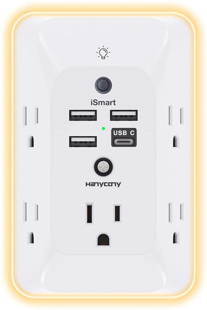 Outlet Extender with Night Light,  Multi Plug Outlet, USB Wall Charger Surge Protector 4 USB Ports(1 USB C), Power Strip Electrical Outlet Splitter Expander for Home Office Dorm Room, ETL