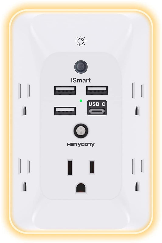 Outlet Extender with Night Light,  Multi Plug Outlet, USB Wall Charger Surge Protector 4 USB Ports(1 USB C), Power Strip Electrical Outlet Splitter Expander for Home Office Dorm Room, ETL