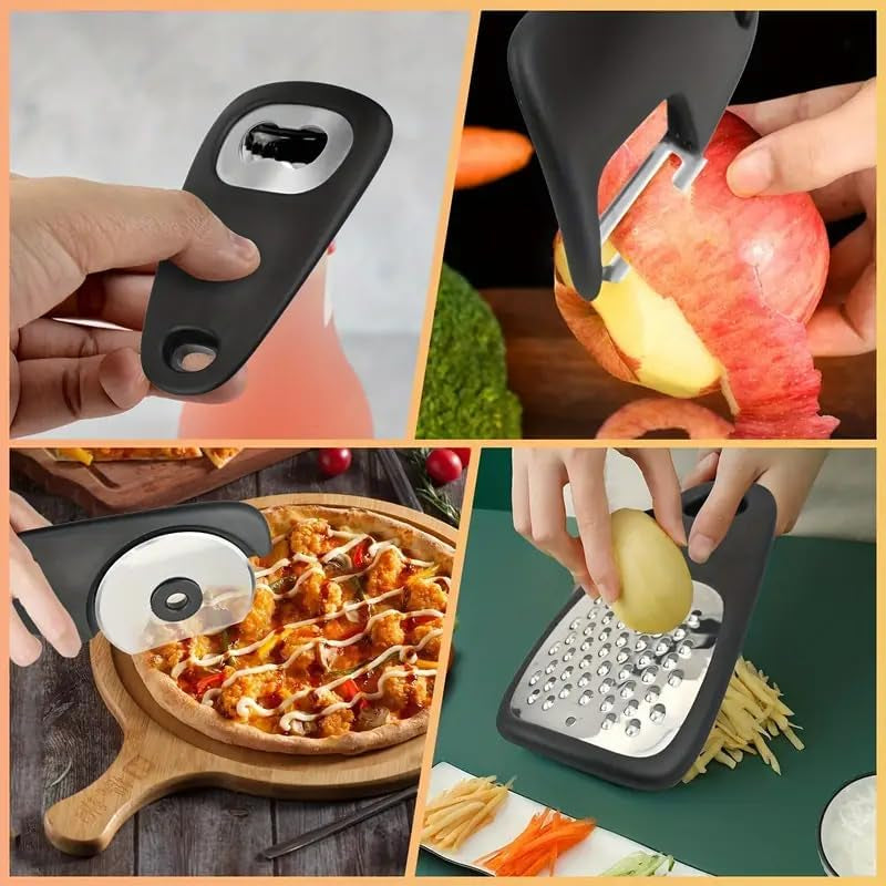 6-Piece Stainless Steel Kitchen Gadget Set, Portable Utensil Accessories for RV Camping & Outdoor,Stackable with Pizza, Fruit, Herb Stripper Bottle Opener, Grinder, Cheese Grater-No Electricity Needed