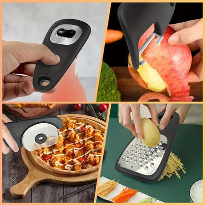 6-Piece Stainless Steel Kitchen Gadget Set, Portable Utensil Accessories for RV Camping & Outdoor,Stackable with Pizza, Fruit, Herb Stripper Bottle Opener, Grinder, Cheese Grater-No Electricity Needed