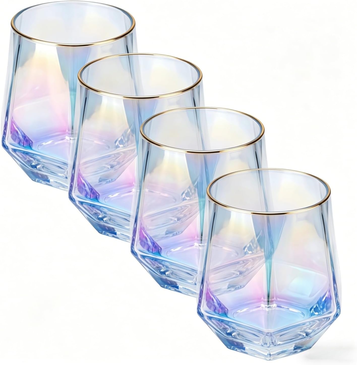 Stemless Wine Glasses Set of 4,10Oz Iridescent Glassware,Modern Rainbow Glass Colored Tumblers for Red Wine,Bourbon,Cocktails,Whiskey,Gifts