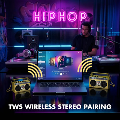 Portable Bluetooth Speakers, Retro Speakers Bluetooth Wireless Wearable Mini Bluetooth Boombox with 27” Neck Chain, FM Radio, On-Board Buttons, Dual 3W Peak Power Bluetooth Speaker for Home & Travel