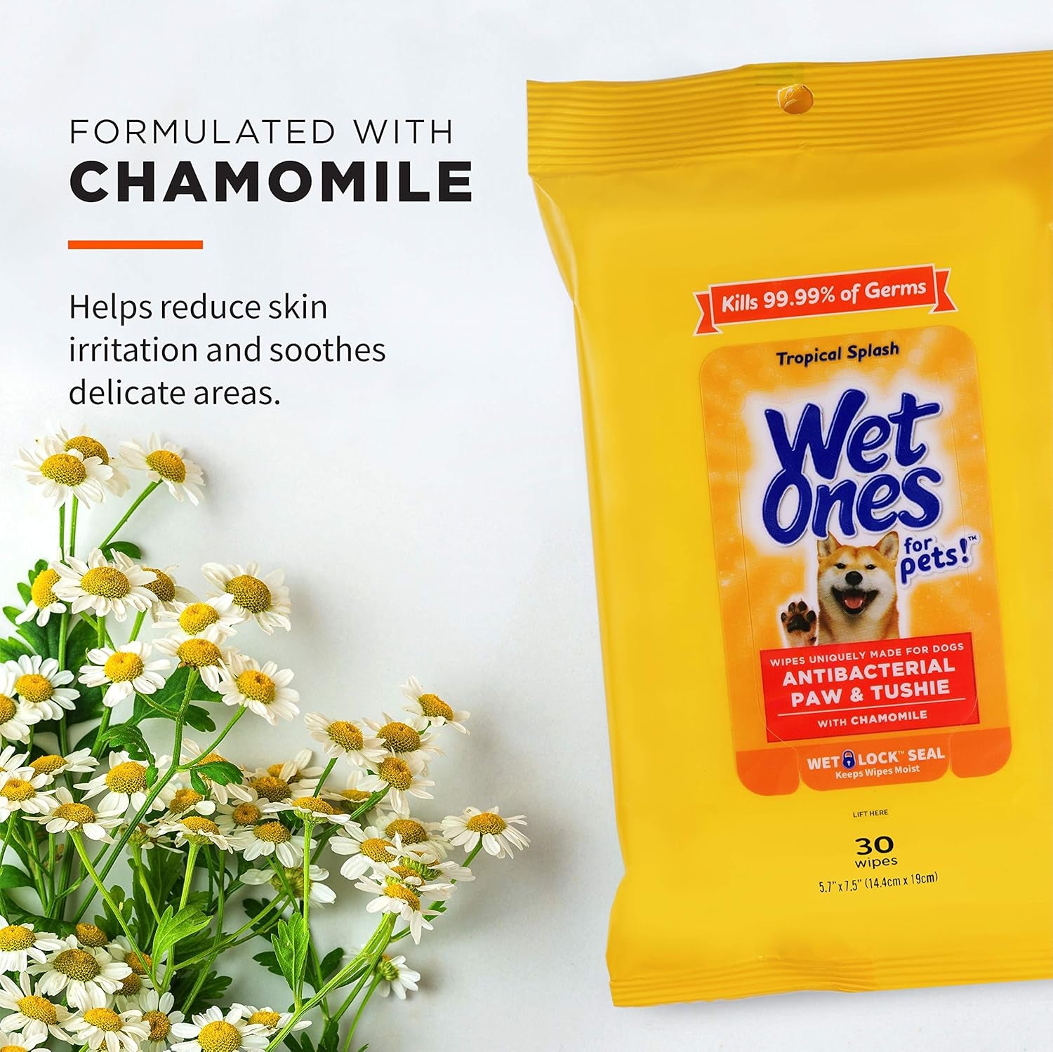for Pets Paw and Tushie Dog Wipes with Chamomile, Tropical Splash Scent - Cleansing Grooming Wipes for Dog Paws and Butt between Baths, Wet Lock Seal, 30 Count