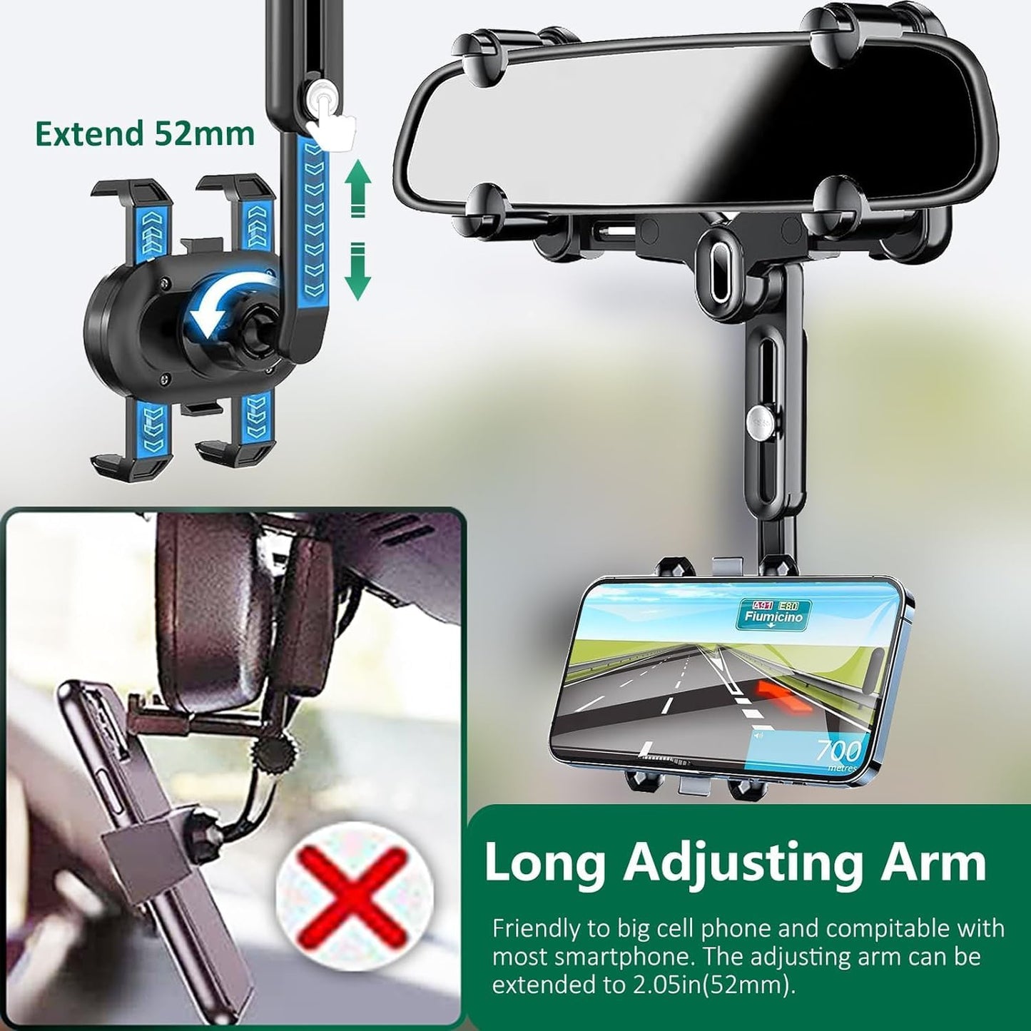 Rearview Mirror Phone Holder for Car, 360° Rotating and Retractable Multifunctional Rear View Phone Mount, Upgraded Four Corners Fixed Anti-Shake Fit All Smartphones & Bigger Vehicle