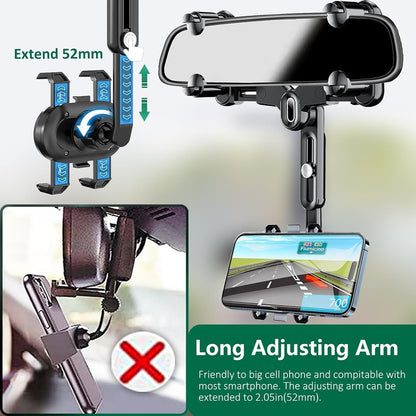 Rearview Mirror Phone Holder for Car, 360° Rotating and Retractable Multifunctional Rear View Phone Mount, Upgraded Four Corners Fixed Anti-Shake Fit All Smartphones & Bigger Vehicle