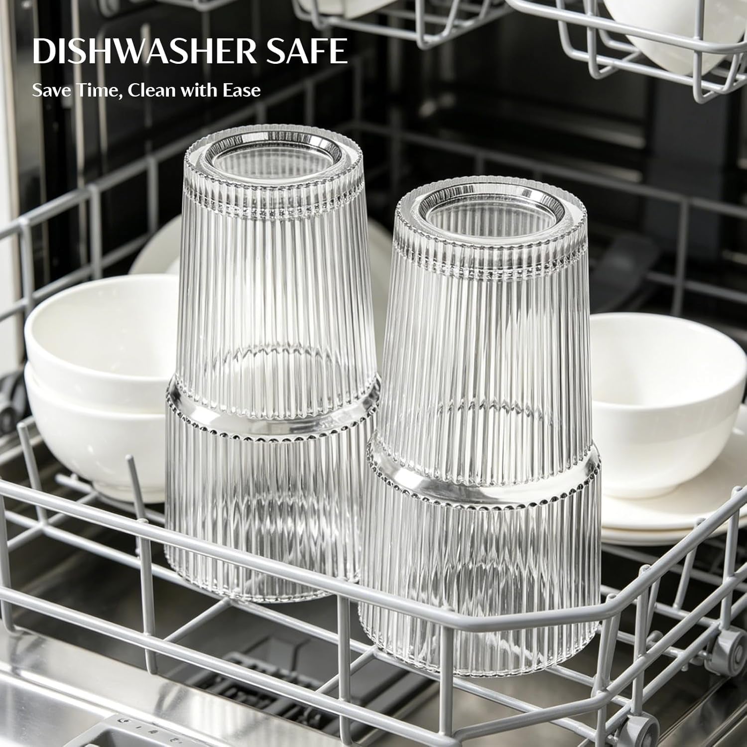 20 Oz Ribbed Glass Tumblers with Lids and Glass Straws – 4-Piece Glassware Set, Thickened Wall, Ideal for Iced Coffee, Smoothies, Cocktails, and Juices – Elegant and Durable Drinkware
