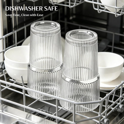20 Oz Ribbed Glass Tumblers with Lids and Glass Straws – 4-Piece Glassware Set, Thickened Wall, Ideal for Iced Coffee, Smoothies, Cocktails, and Juices – Elegant and Durable Drinkware