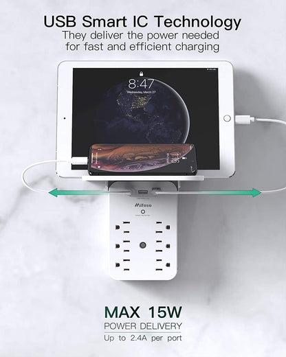 Wall Outlet Extender with Surge Protector, 6 AC Outlets, Shelf, 2 USB & USB C Charging Ports - Home & Dorm Plug Expander