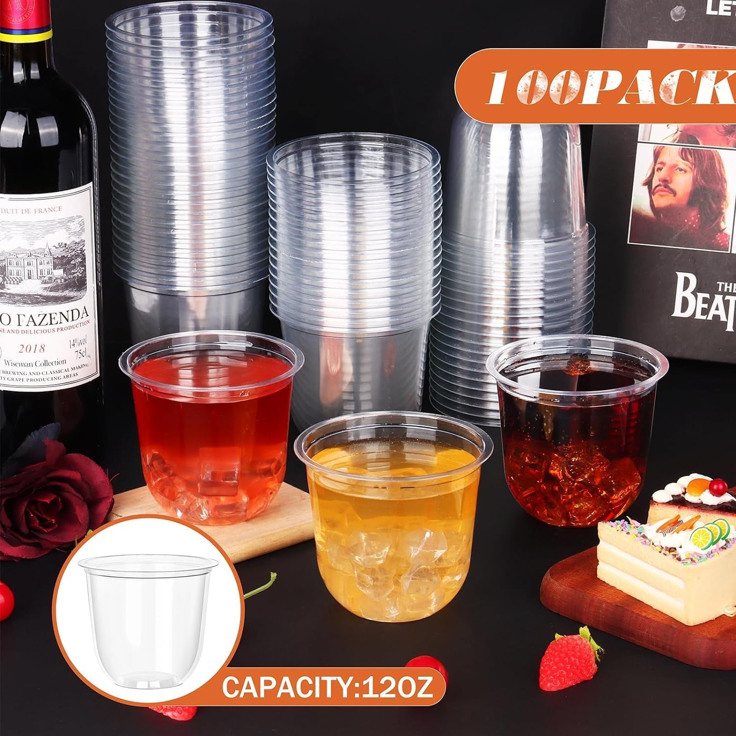 100 Pcs Disposable Stemless Glasses 12Oz Crystal Plastic Wine Glasses Clear Classic Cup for Meeting Weddings Birthdays Cocktail Christmas Party Supplies