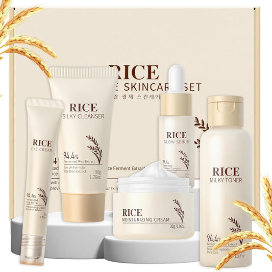 Skin Care Set, Korean Skin Care with Rice Cleanser, Toner, Serum, Eye Serum, Moisturizing Cream 5Pcs for Women Teen Girls Mom Daughter Mother'S Day Birthday Christmas Lover Korean Beauty