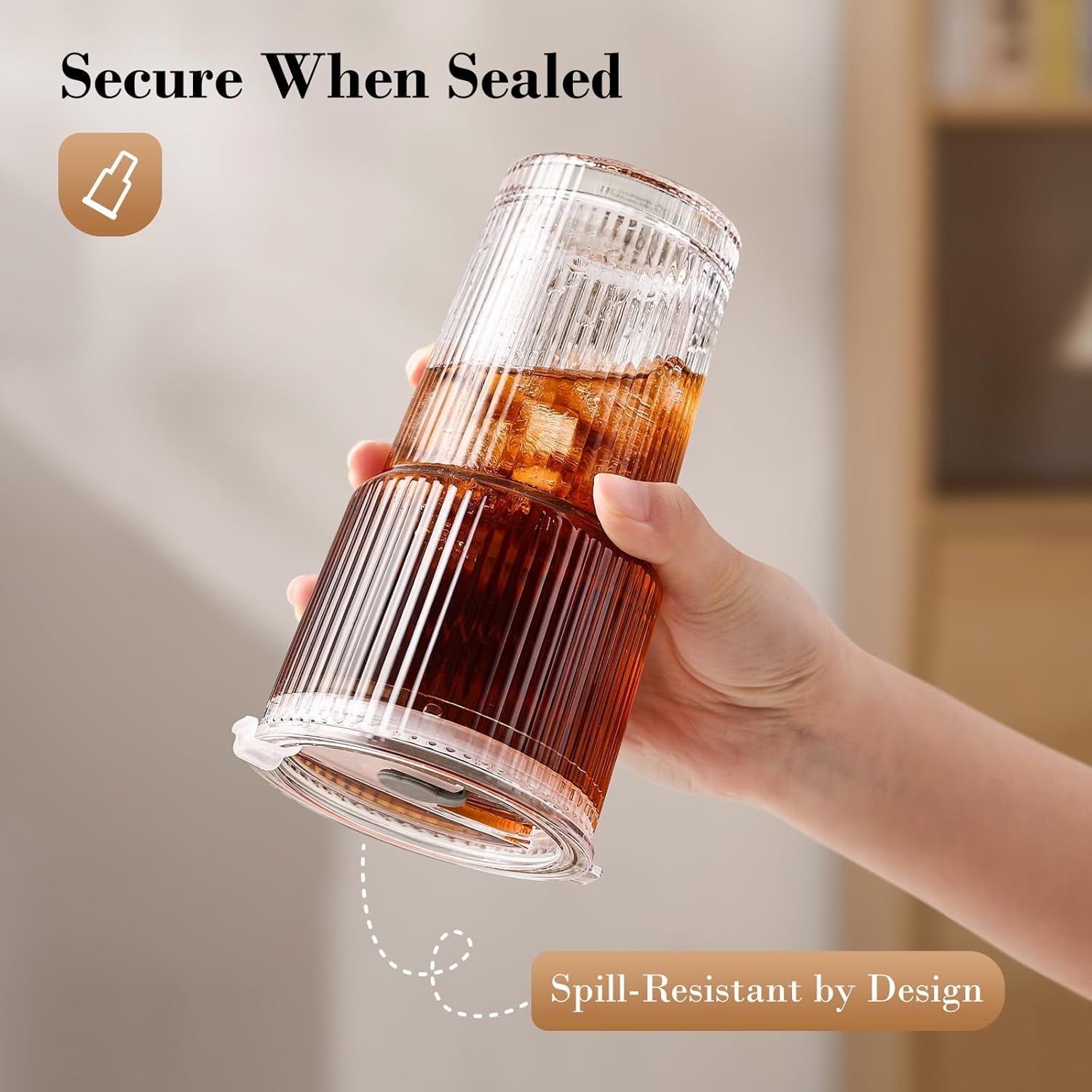 20Oz Glass Tumblers with Straws and Lids, Ribbed Iced Coffee Cups Leak-Proof, Dishwasher Safe, Thickened Glass Cups with Lids Ideal for Coffee and Travel, Clear, 4 Pack