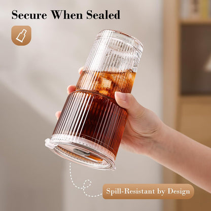 20Oz Glass Tumblers with Straws and Lids, Ribbed Iced Coffee Cups Leak-Proof, Dishwasher Safe, Thickened Glass Cups with Lids Ideal for Coffee and Travel, Clear, 4 Pack