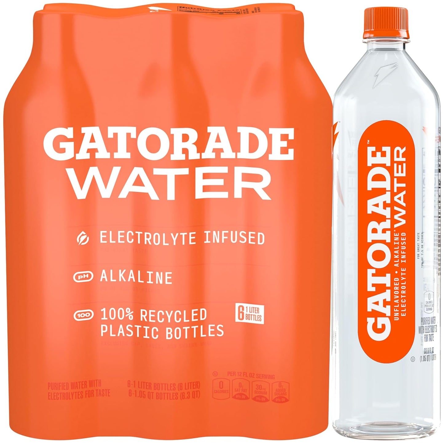 Gatorade Water, Electrolyte Infused for Great Taste, Alkaline PH 7.5 or Higher, Unflavored, 1L (Pack of 6)