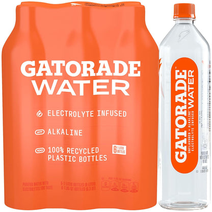 Gatorade Water, Electrolyte Infused for Great Taste, Alkaline PH 7.5 or Higher, Unflavored, 1L (Pack of 6)