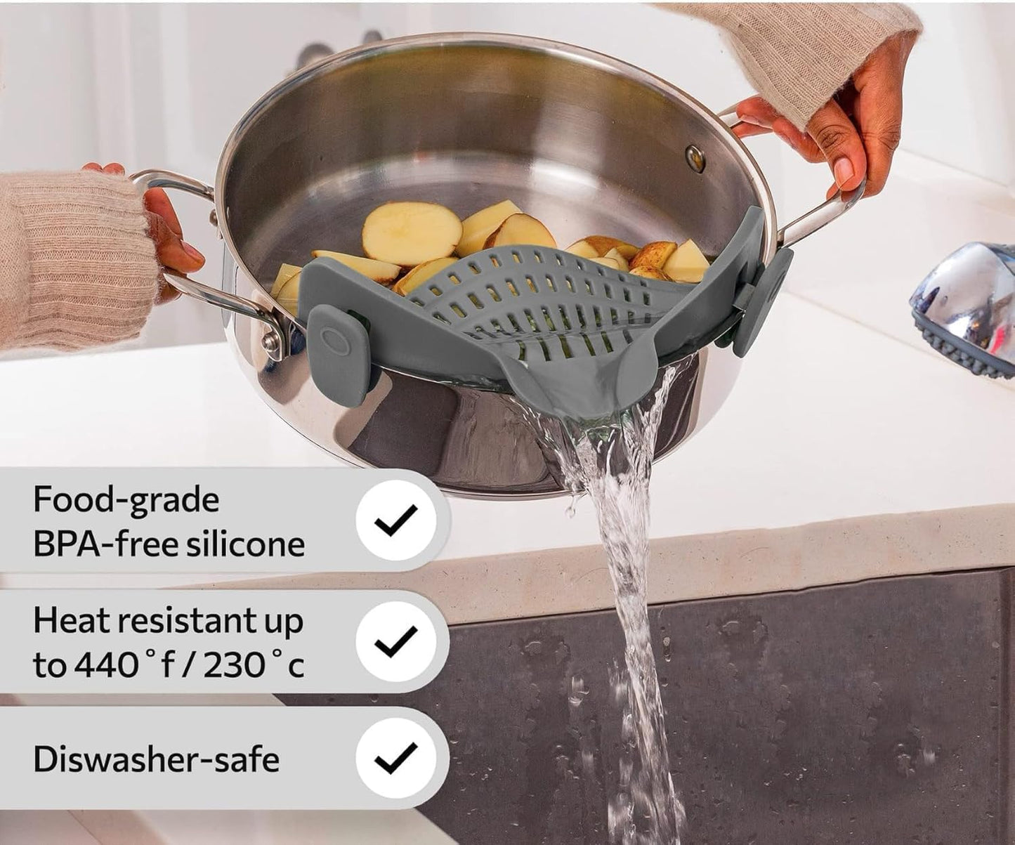 1Pc Silicone Strainer, Adjustable Clip on Pantry Drainer for Pans & Bowls, Heat Resistant Fruit Washing Filter for Noodles, Pasta & Veggies