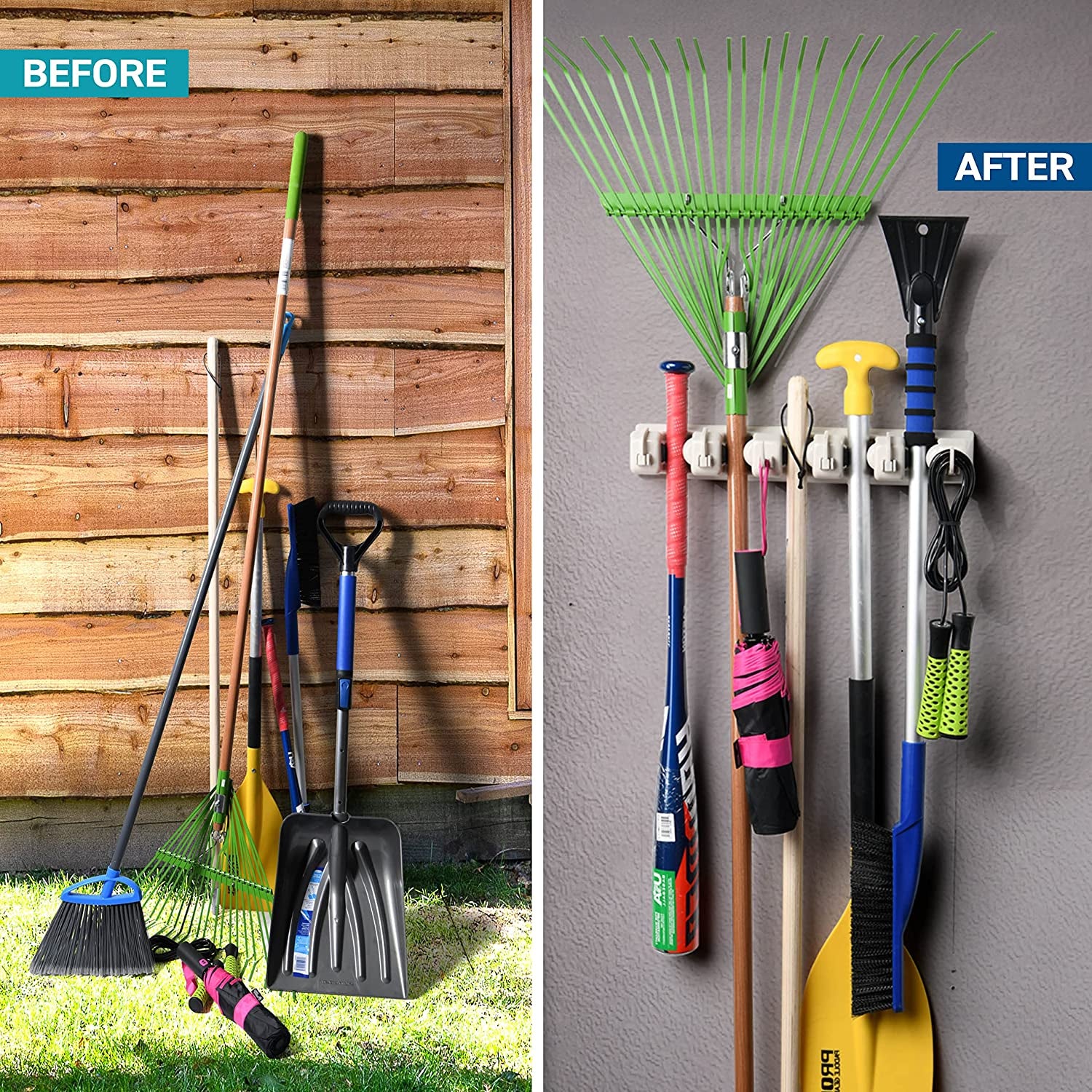 Broom and Mop Holder Wall Mount – Heavy Duty Garage Organizer with 5 Slots & 6 Hooks, 7.5Lbs Capacity per Slot - Easy Install Storage Rack for Home, Kitchen, Laundry Room & Garden - Off-White