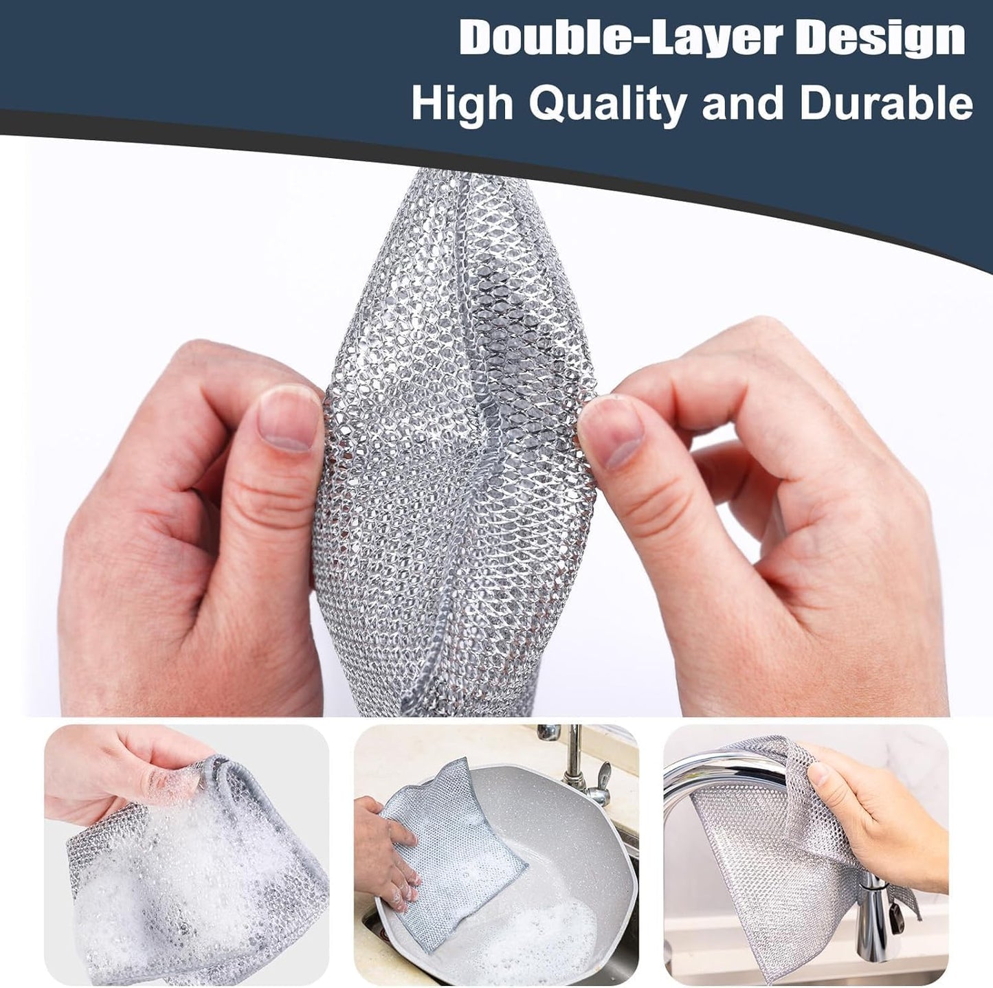 10 Pcs New Upgrade Steel Wire Dishcloth,Double-Layer Steel Wire Cleaning Cloth,Powerful Cleaning Non-Scratch Wire Dishcloth Rag for Cookware, Sinks, Dishes, Stove Tops