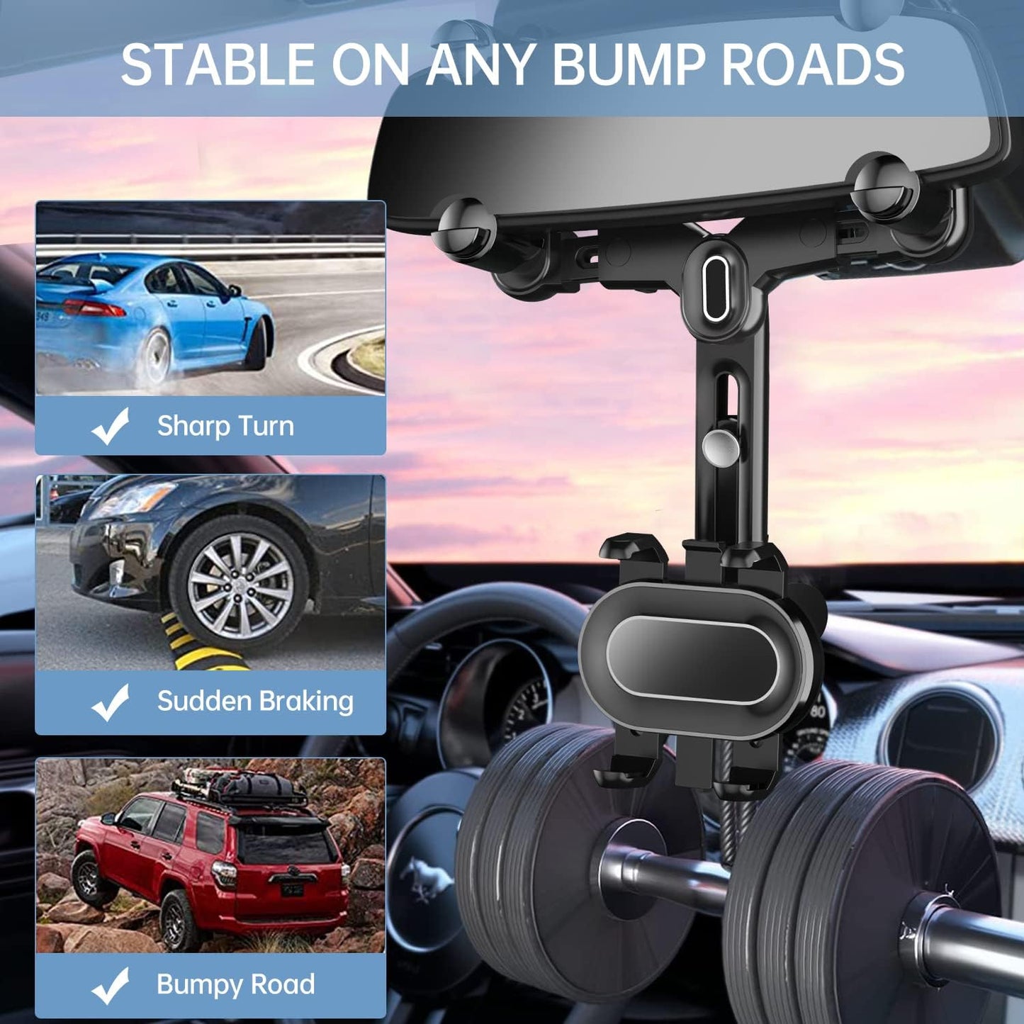 Rearview Mirror Phone Holder for Car,360°Rotatable and Retractable Multifunctional Rear View Mirror Phone Holder,Four Corners Fixed Anti-Shake Design,For All Mobile Phones and All Car