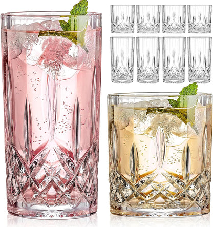 Drinking Glasses, 8 Piece Crystal Glass Cups, Mixed Glassware Set, 4 Pcs Crystal Old Fashioned 11Oz Highballs and 4 Pcs 11Oz Whiskey Glasses, Great for Cocktail, Whisky and Other Beverages