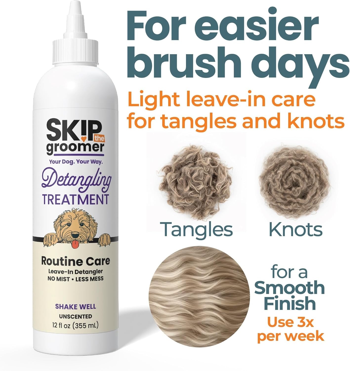 Detangling Treatment for Dogs, Leave-In Conditioner Detangler for Matted Hair, Knots & Tangles | Goldendoodles, Poodles, Doodles & Long-Haired Breeds | No Mist, Squeeze Bottle, 12 Oz
