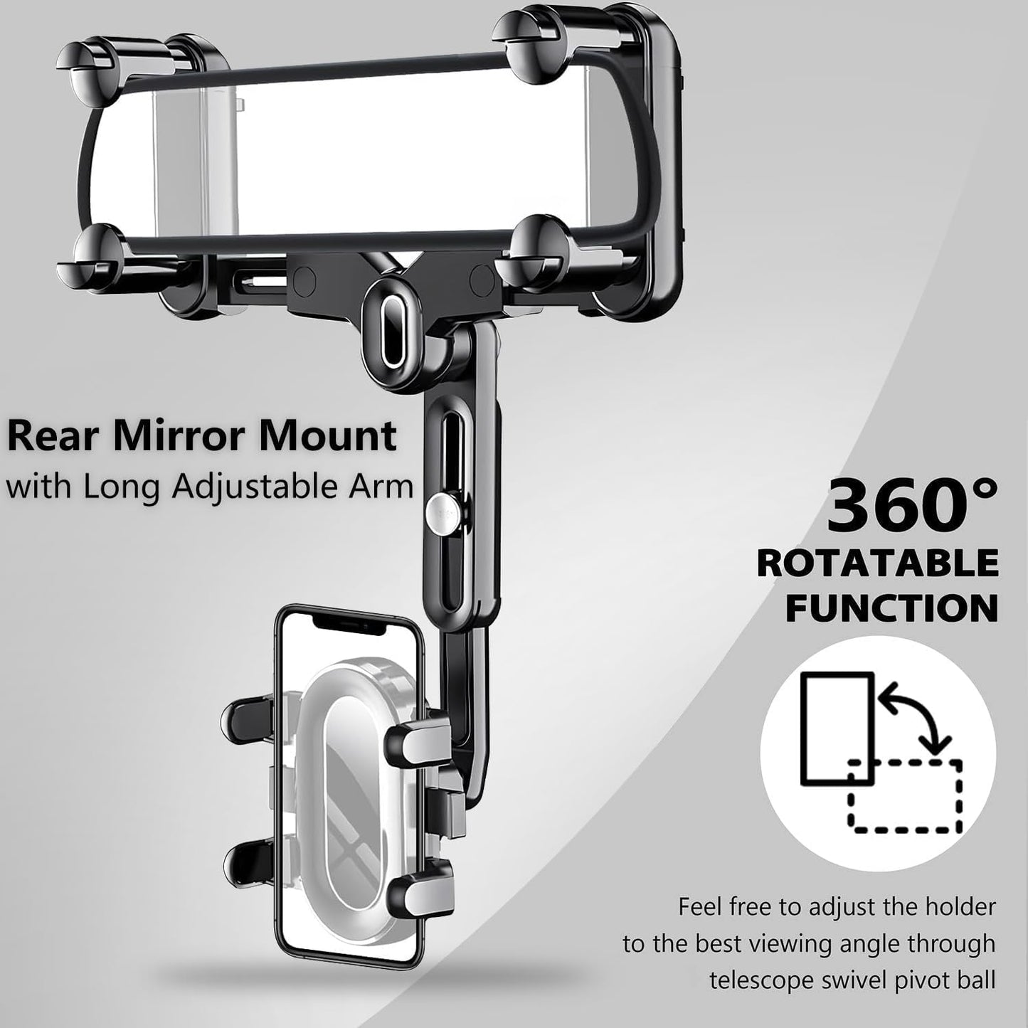 Rearview Mirror Phone Holder for Car, 360° Rotating and Retractable Multifunctional Rear View Phone Mount, Upgraded Four Corners Fixed Anti-Shake Fit All Smartphones & Bigger Vehicle