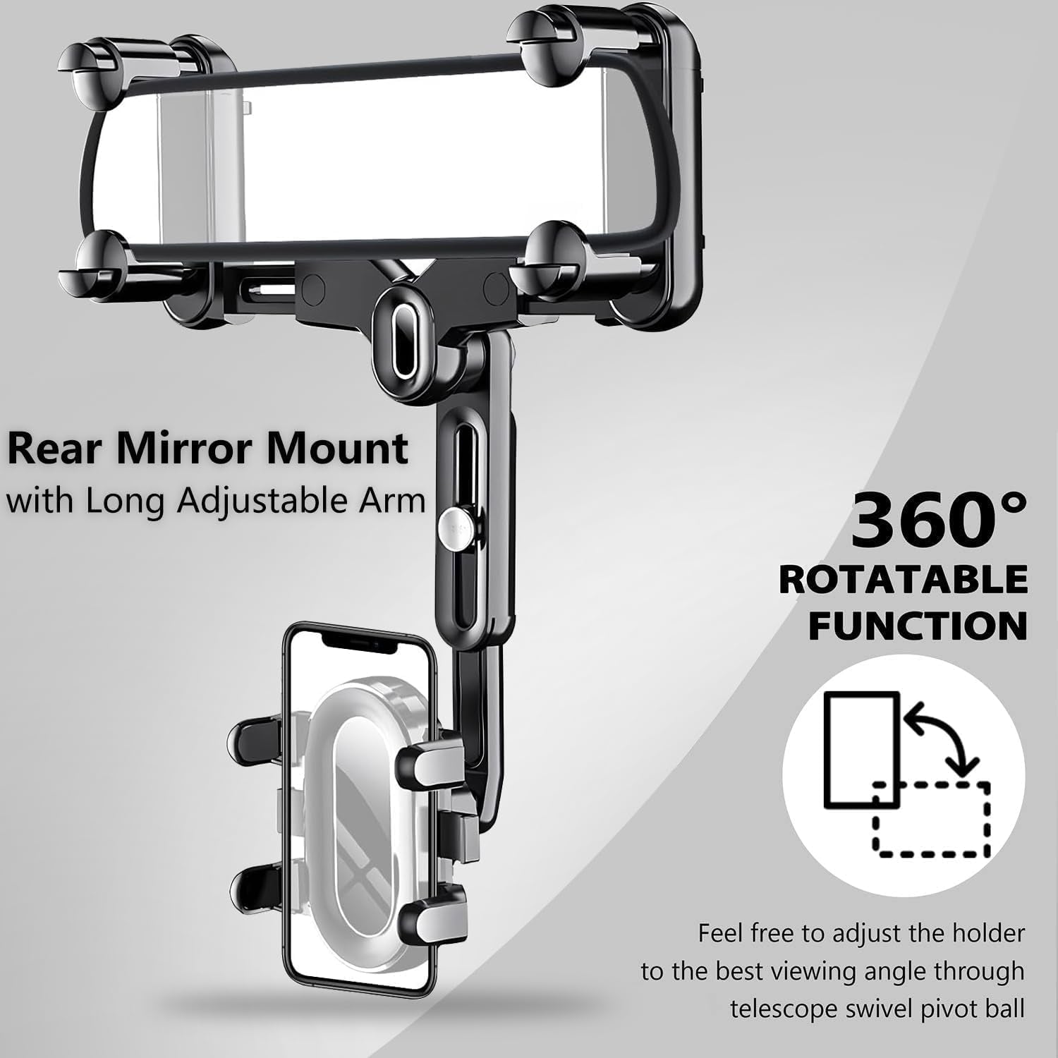 Rearview Mirror Phone Holder for Car, 360° Rotating and Retractable Multifunctional Rear View Phone Mount, Upgraded Four Corners Fixed Anti-Shake Fit All Smartphones & Bigger Vehicle
