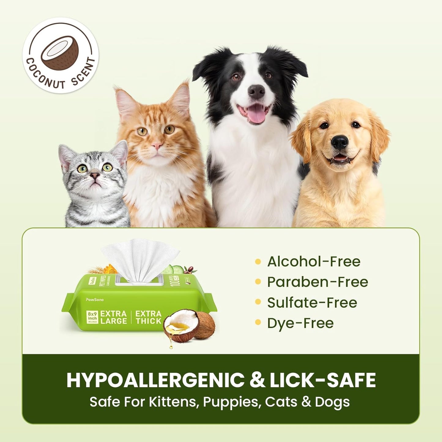 Hypoallergenic Pet Wipes for Dogs, Cats & Small Animals – Quick Clean & Deodorize Paws, Butt, Eyes, Face & Fur | Daily Grooming Wipes | Extra Large & Thick | Coconut Scented, 400 Count