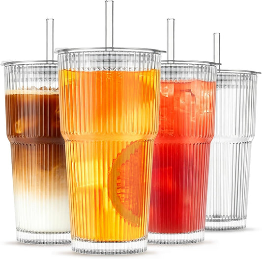 20 Oz Ribbed Glass Tumblers with Lids and Glass Straws – 4-Piece Glassware Set, Thickened Wall, Ideal for Iced Coffee, Smoothies, Cocktails, and Juices – Elegant and Durable Drinkware