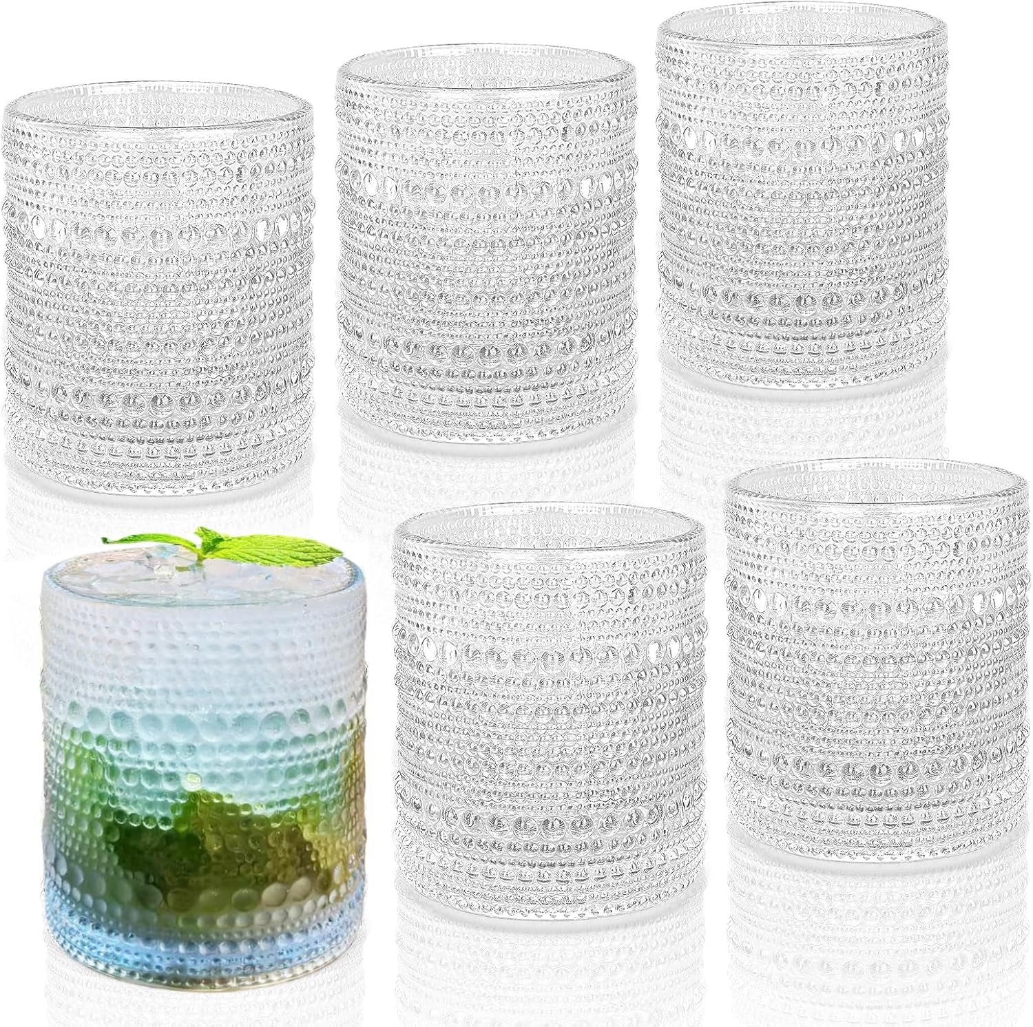 Hobnail Drinking Glasses Set of 6, 10 Oz, Cocktail Glasses Vintage Glasses Drinking Set Glass Cups Mixed Drinkware Set Vintage Glassware Set for Juice, Cocktail, Whisky, Soda, Beverages. Clear