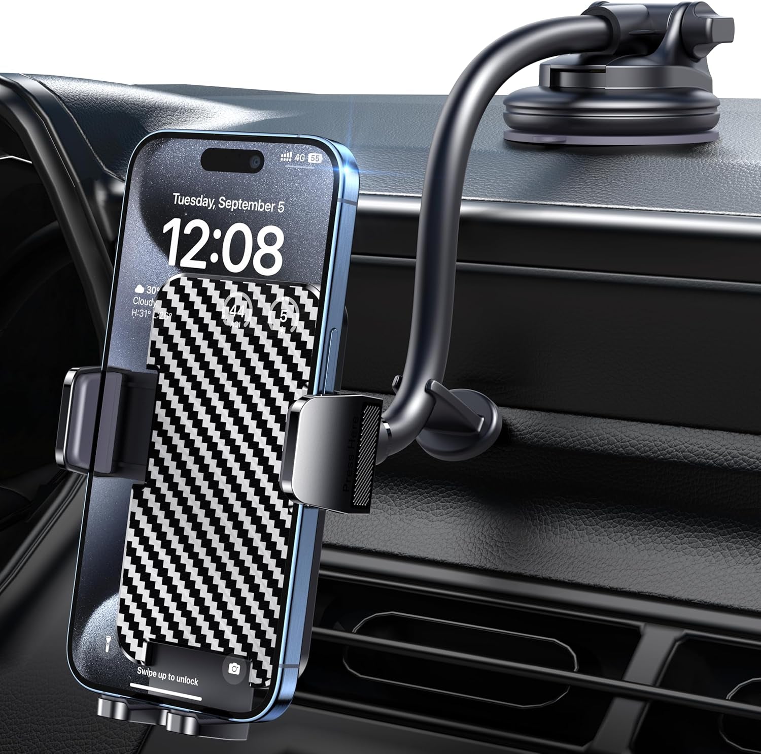 Phone Holders for Your Car [Long Flexible Neck] Car Phone Mount [Anti-Shake Stabilizer] Cell Phone Holder Car for Dashboard Windshield Automotive Accessories Fit for Iphone Android Smartphone