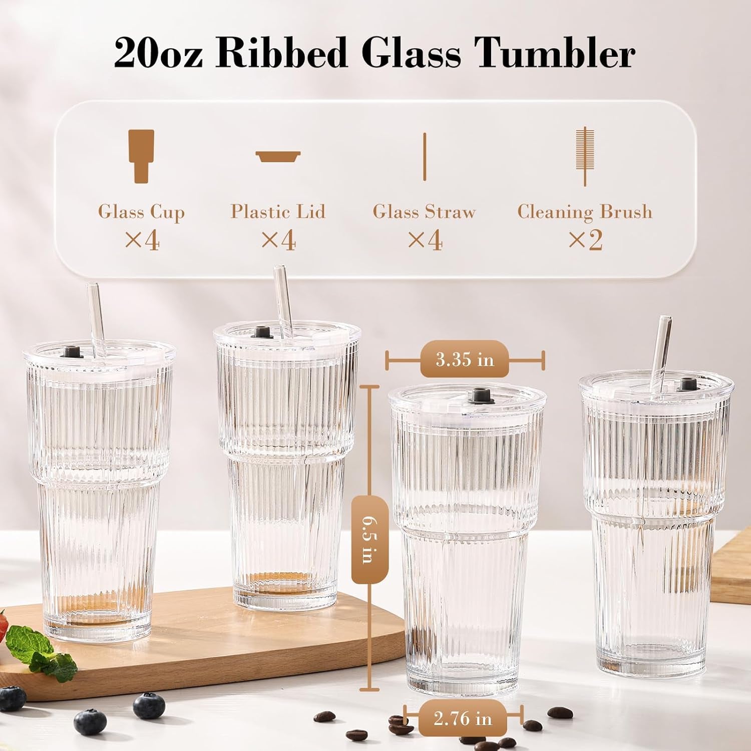 20Oz Glass Tumblers with Straws and Lids, Ribbed Iced Coffee Cups Leak-Proof, Dishwasher Safe, Thickened Glass Cups with Lids Ideal for Coffee and Travel, Clear, 4 Pack