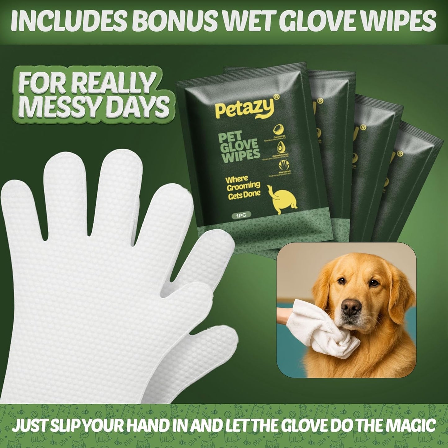 Pet Wipes for Dogs and Cats – 400 Count (8X8In) Hypoallergenic, Deodorizing Dog Wipes for Paws, Ears and Butt | XL with Aloe & Coconut Oil, Lavender Scented | Includes 4 Grooming Glove Wipes