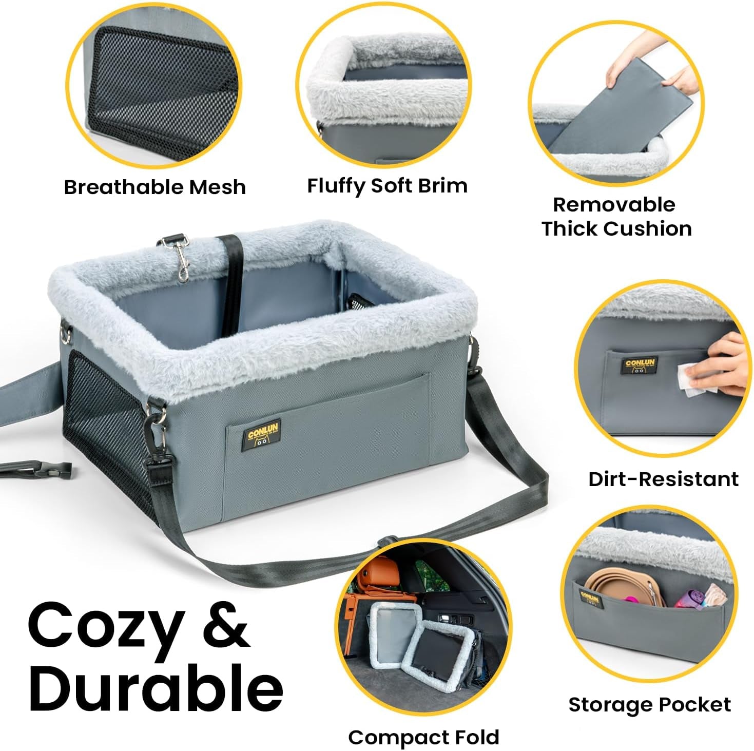 Dog Car Seat Booster for Small Pet under 20Lbs, Portable Travel Puppy Car Seat with Internal Steel Frame, Comfort Cushion & Storage Pockets, Adjustable Straps Fit Most Cars, Grey