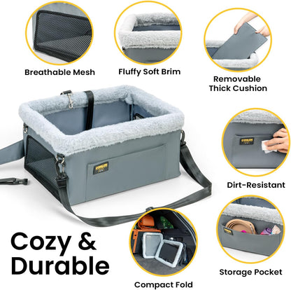 Dog Car Seat Booster for Small Pet under 20Lbs, Portable Travel Puppy Car Seat with Internal Steel Frame, Comfort Cushion & Storage Pockets, Adjustable Straps Fit Most Cars, Grey